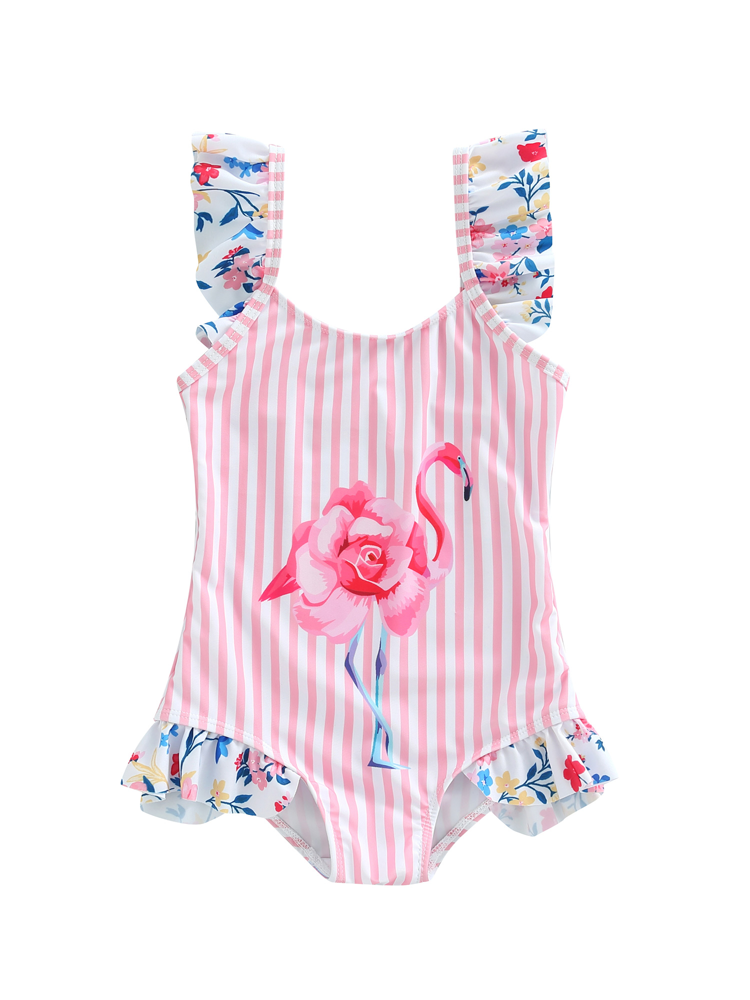 Kiapeise Summer Flamingo Ruffled Sleeveless Beach Outfit Sets (Girls)
